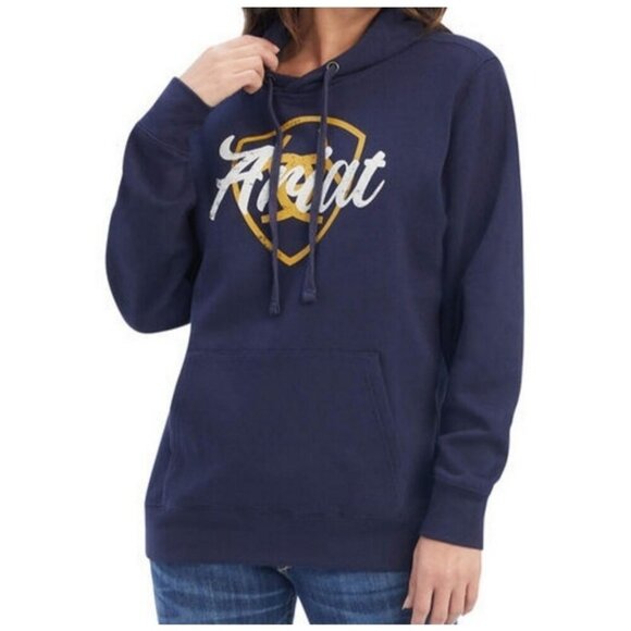 Ariat Real Shield Logo Hoodie Hooded Sweatshirt Navy Blue and Gold Women's - Picture 1 of 10